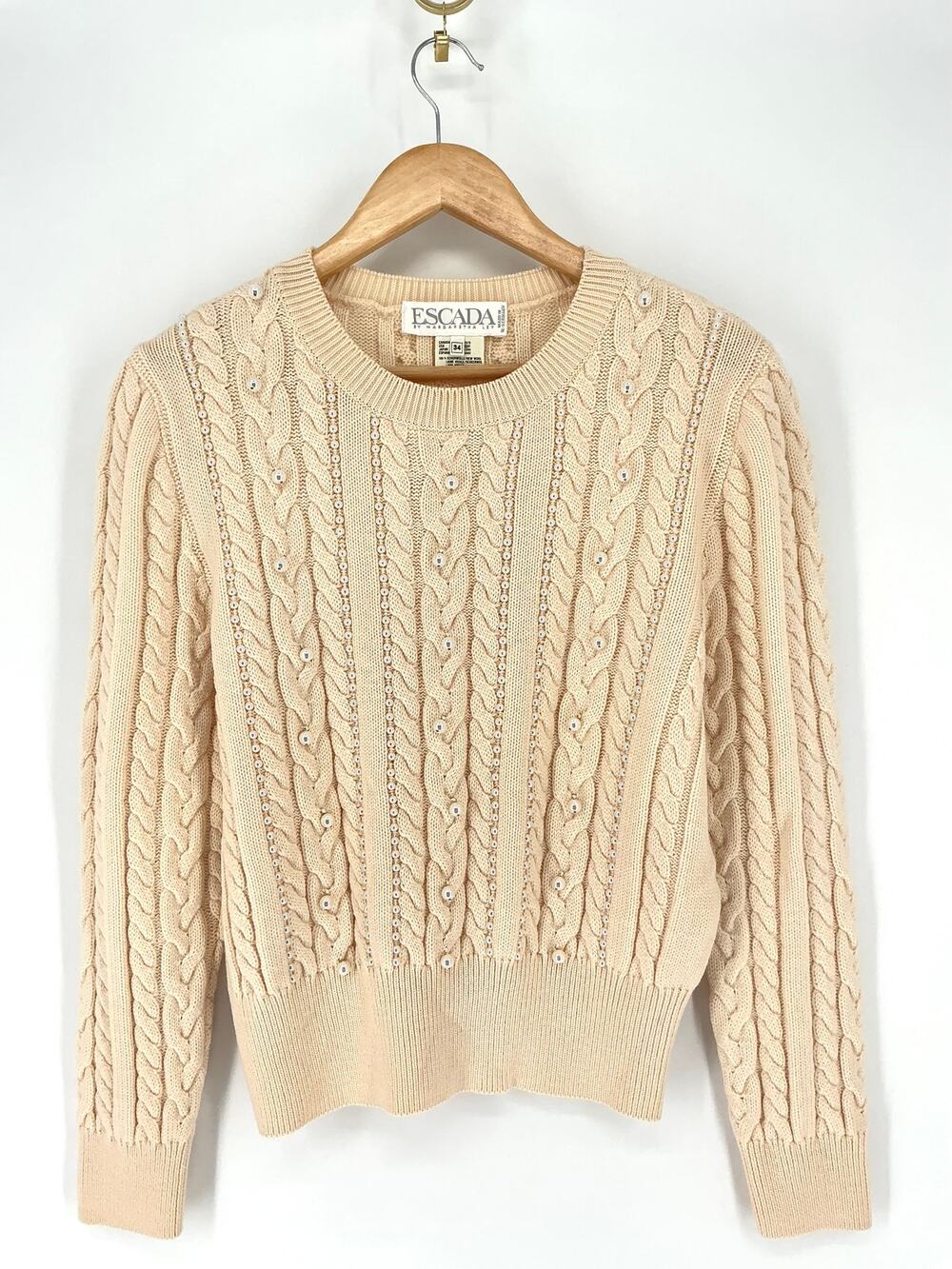 Vintage ESCADA Margaretha Ley Wool Cable Knit Pearl Sweater 34 Cream Germany